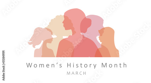 Womens History Month banner. Concern for rights of girls, femism and protest. International holidays, equality and unity, female solidarity. Crowd of silhouettes. Cartoon flat vector illustration