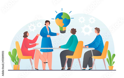 Business team concept. Men and girls assemble light bulb from puzzles. Creative persons metaphor, brainstorming. Marketing research, partners or colleagues in office. Cartoon flat vector illustration