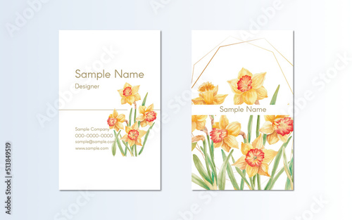 business card template design with hand painted illustration of daffodil flowers