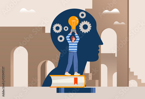 Concept of education. Woman installs large light bulb in big abstract silhouette of head. Creative personality and brainstorming, insight and problem solving. Cartoon flat vector illustration