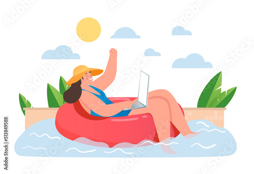 Happy freelancer on summer day. Woman in hat on lifebuoy swims in pool with laptop in her hands. Remote employee combines work and leisure, earning money on Internet. Cartoon flat vector illustration