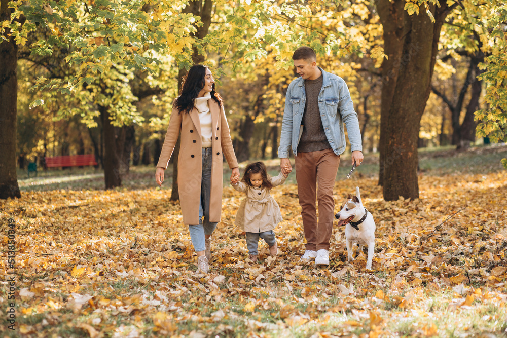 Happy young family walks and plays with a dog in the autumn park Happy young family walks and plays with a dog in the autumn park