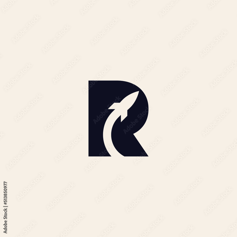 letter R monogram with a flying rocket ship silhouette icon. letter R monogram with a flying rocket ship silhouette icon.