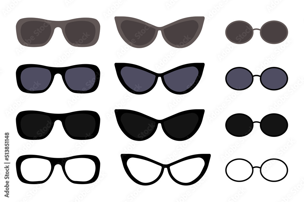 Black sunglasses set in modern style. Cartoon style. Modern concept background. Vector illustration. stock image.