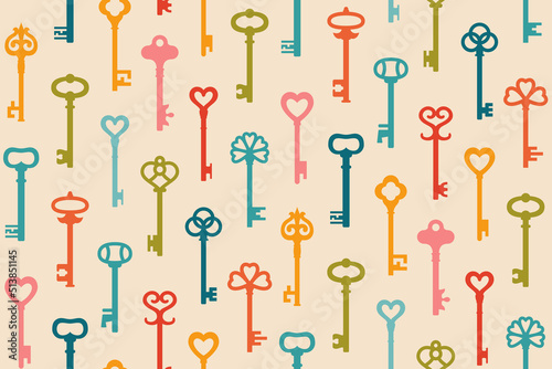Key silhouette colorful seamless pattern. Retro private access symbol locking and encryption. Old keys boundless fabric or wallpaper vintage packaging. Vector simple repeat background scrapbook