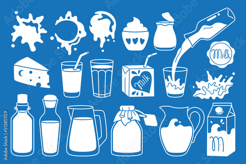 Milk food symbol set. Farm foodstuff cheese and yogurt, drink in glass, jug, bottle or carton package line design. White pouring milk splashes drops drip. Natural dairy products graphic element