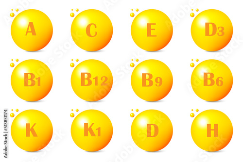3d illustration with vitamins. Set for medical design. Vitamins yellow set.Vector illustration. Stock image.