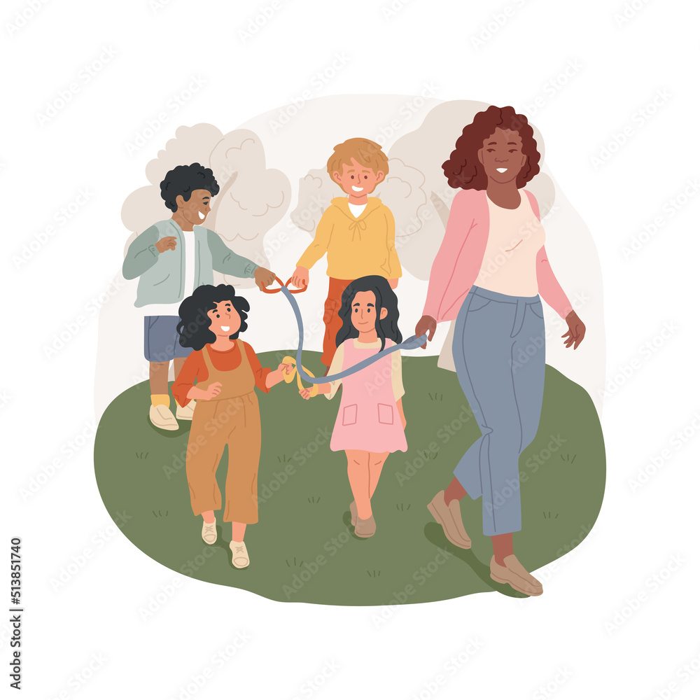 Kindergarten walking rope isolated cartoon vector illustration. Teacher walking with kids attached to kindergarten rope, early education, organized walk, children hold handles vector cartoon. Kindergarten walking rope isolated cartoon vector illustration. Teacher walking with kids attached to kindergarten rope, early education, organized walk, children hold handles vector cartoon.