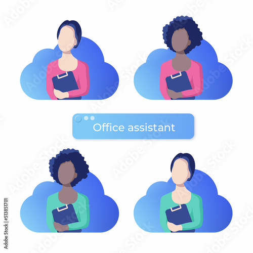 Office assistant women in flat faceless design.