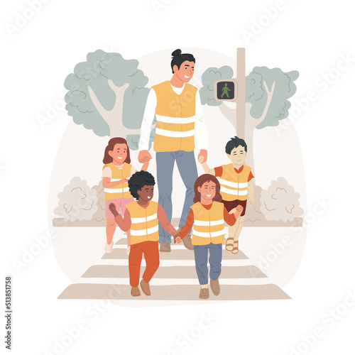 Wearing a safety west isolated cartoon vector illustration. Kids going for a walk, wearing protection, toddler in safety west, neon color, kindergarten uniform, road security vector cartoon.