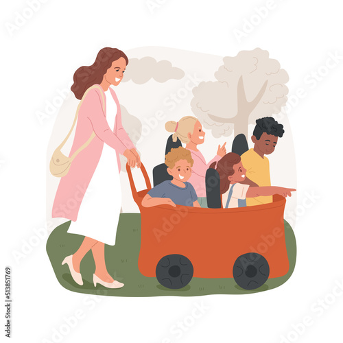 Multi seat stroller isolated cartoon vector illustration. Kindergarten facility, toddlers sitting in multi seat wagon, teacher pushing kids stroller, quad buggy, going outside vector cartoon.