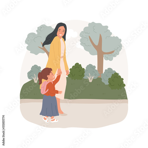 Way to kindergarten isolated cartoon vector illustration. Mother with toddler holding hands, kid wearing small backpack, way to daycare, early education, walking on a sidewalk vector cartoon.