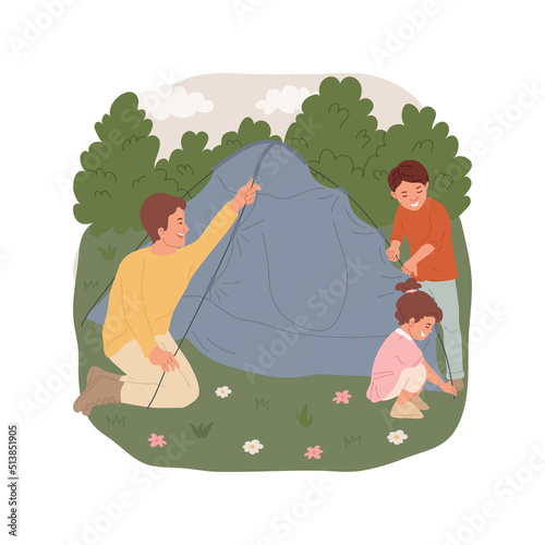 Set up a tent isolated cartoon vector illustration. Father and kids setting up a tent, family camping, forest adventure, children helping parents helping on campsite, holiday vector cartoon.
