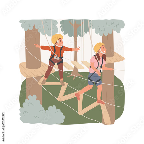 Tree ropes course isolated cartoon vector illustration. Family travel, aerial obstacle course, forest adventure park, children walking high tree top ropes, wearing helmet vector cartoon.