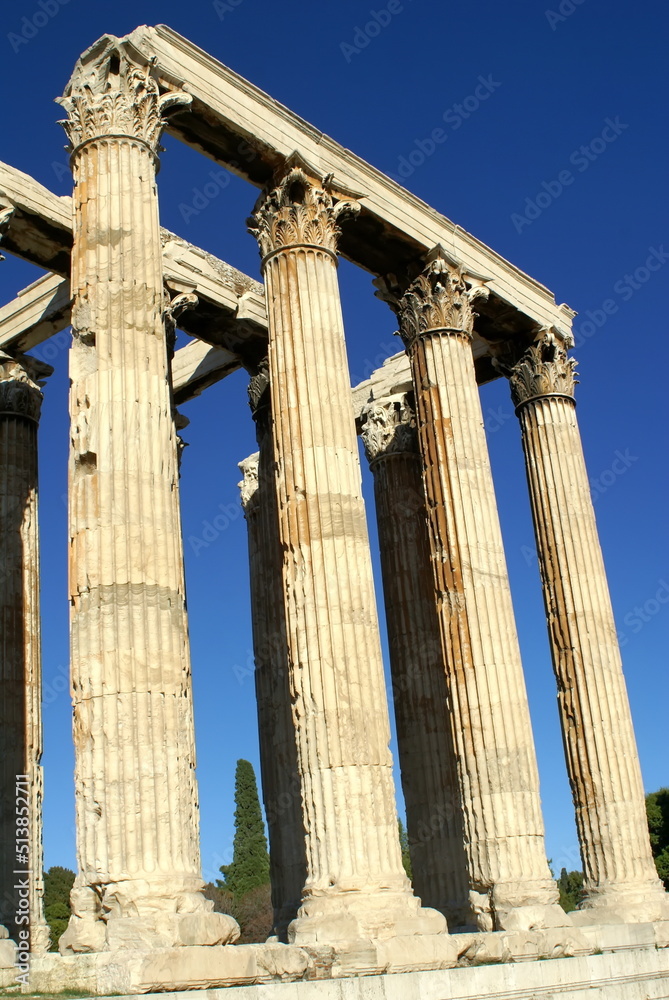 Ancient columns with lintels in a park in Athens, Greece