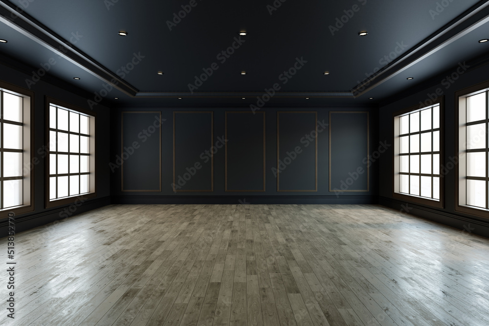 Empty room with black wall background wooden floor, Living room 3D