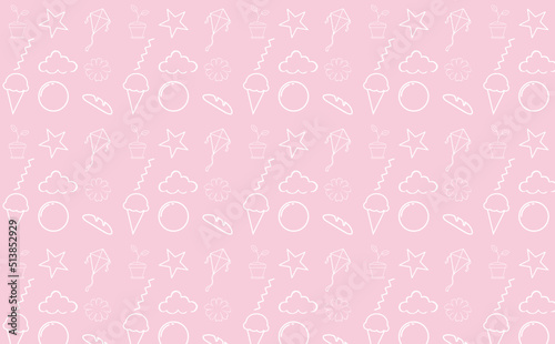 Pink wallpaper with kawaii images in white, wrapping paper for girls