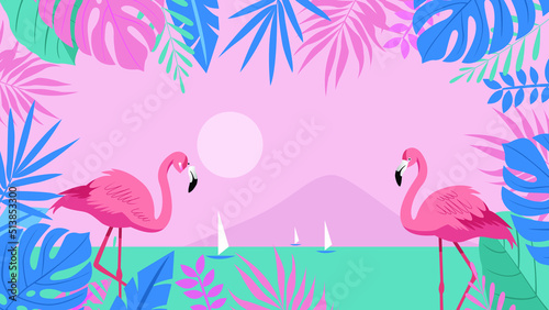 Summer concept background with flamingo and natural leaf vector illustration