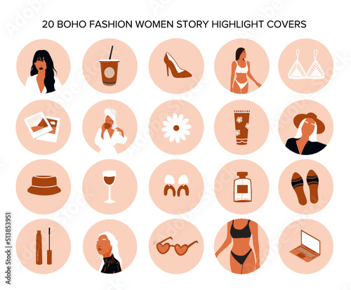 Abstract fashion silhouettes, woman highlights for social media. Vector contemporary art illustration. Boho women blog beauty lifestyle.