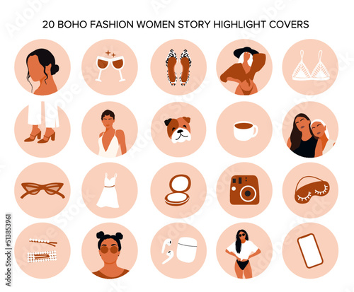 Abstract fashion silhouettes, woman highlights for social media. Vector contemporary art illustration. Boho women blog beauty lifestyle.