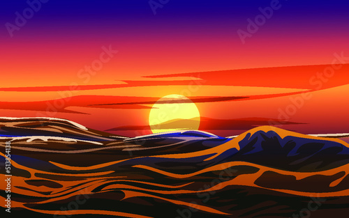 ocean sunset waves illustration