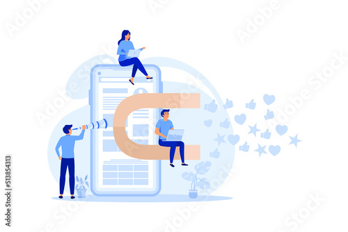 a big magnet attracts likes, good reviews, rating. flat design modern illustration