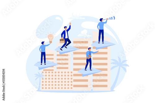 a man seeks up on a paper plane, achieving a goal, the path to success is motivation, career advancement, search for ideas, teamwork. flat design modern illustration