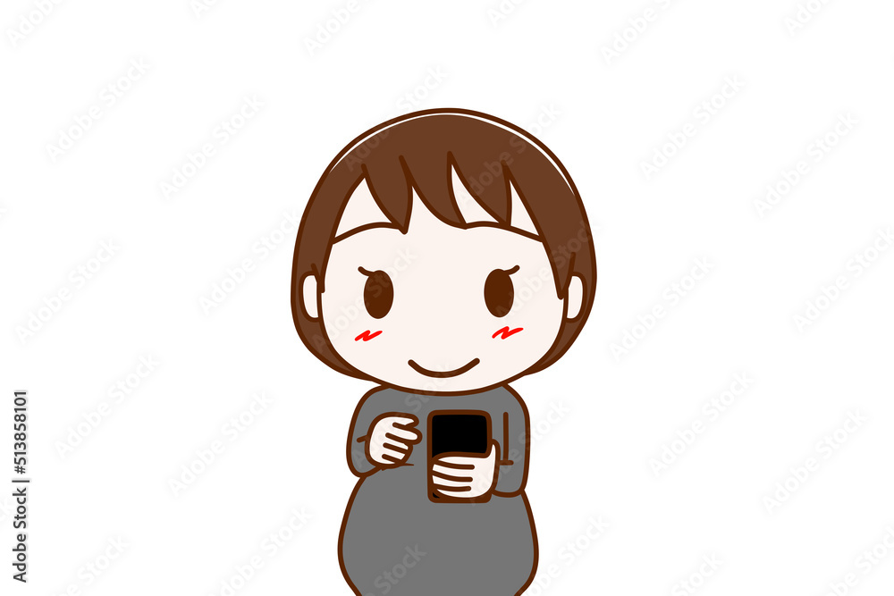 (上半身正面)スマホの画面を見て操作し、笑顔になる妊婦 (上半身正面)スマホの画面を見て操作し、笑顔になる妊婦