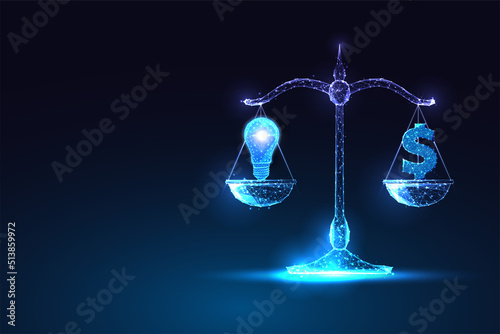 Concept of ideas and money balance in business in futuristic glowing low polygonal style on blue 