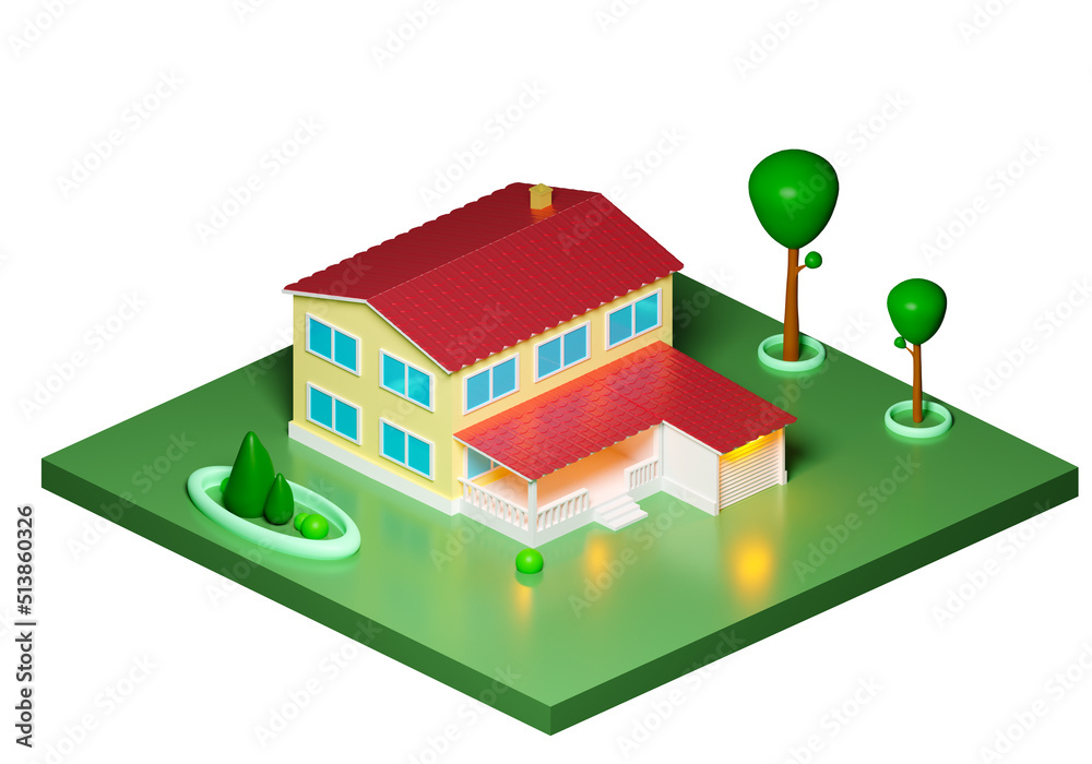 Residential building with lawn. Two-storey house with terrace and garage. Country cottage. House Cartoon style. Residential building with red roof. Private house isolated on white. 3d rendering. Residential building with lawn. Two-storey house with terrace and garage. Country cottage. House Cartoon style. Residential building with red roof. Private house isolated on white. 3d rendering.