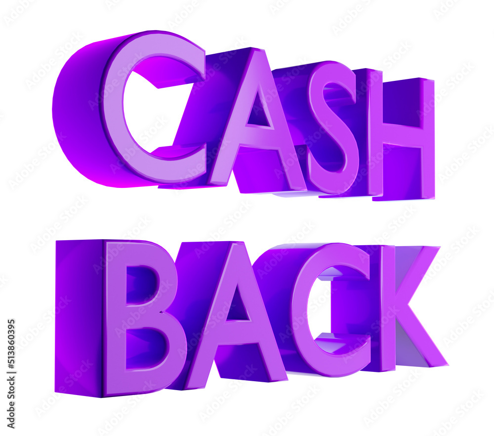 Cash back header. Purple cash back lettering. Volumetric words symbolizing promotion. Concept of refund after purchase. Cash back promotion while shopping. Money gift for purchase. 3d rendering.