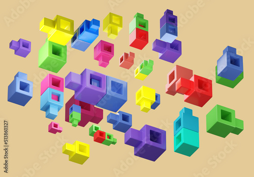 Colorful background. Toy bricks in weightlessness. Multicolored children designer. Constructor of different colors on beige background. Background with toy blocks. Toy backdrop. 3d rendering. © Grispb