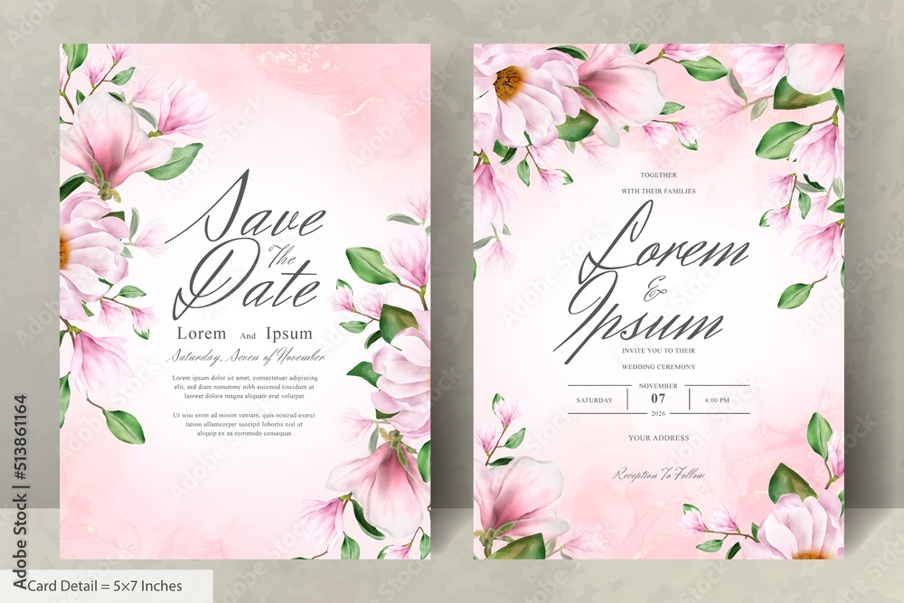 Watercolor Magnolia Arrangement Floral Wedding Invitation Card Template