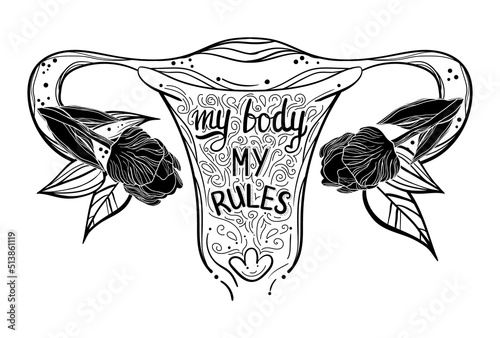 Anatomical tattoo art print with uterus. Woman power.