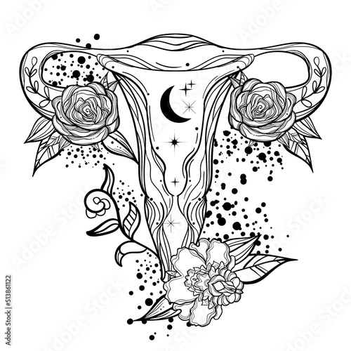Anatomical tattoo art print with uterus. Woman power.