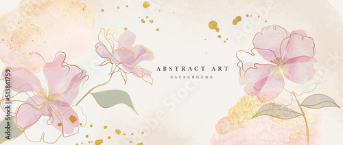 Spring floral in watercolor vector background. Luxury wallpaper design with rose flowers, line art, golden texture. Elegant gold blossom flowers illustration suitable for fabric, prints, cover.