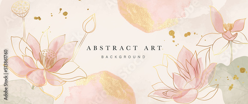 Spring floral in watercolor vector background. Luxury wallpaper design with lotus flowers, line art, golden texture. Elegant gold blossom flowers illustration suitable for fabric, prints, cover. photo