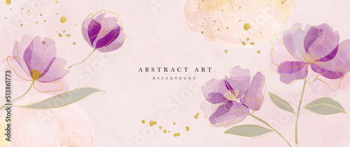 Spring floral in watercolor vector background. Luxury wallpaper design with purple flowers, line art, golden texture. Elegant gold blossom flowers illustration suitable for fabric, prints, cover. photo