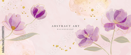 Spring floral in watercolor vector background. Luxury wallpaper design with purple flowers, line art, golden texture. Elegant gold blossom flowers illustration suitable for fabric, prints, cover.