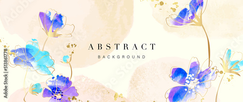 Spring floral in watercolor vector background. Luxury wallpaper design with blue, purple flowers, line art, golden texture. Elegant gold botanical illustration suitable for fabric, prints, cover.