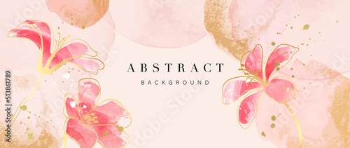 Spring floral in watercolor vector background. Luxury wallpaper design with tropical red flowers, line art, golden texture. Elegant gold botanical illustration suitable for fabric, prints, cover.