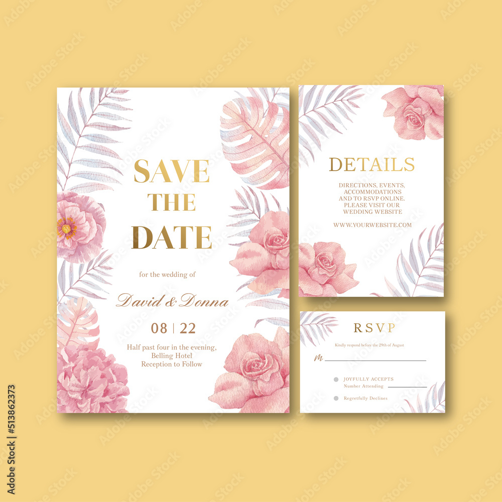 Wedding card template with pastel tropical flower concept,watercolor style