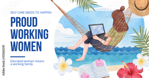 Facebook template with working woman traveler concept,watercolor style
