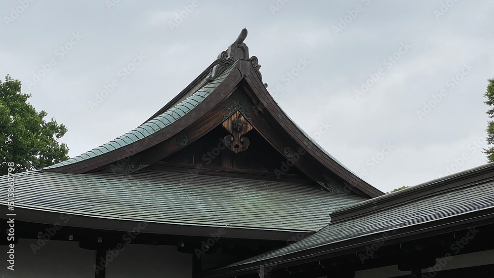 Old traditional temple architecture of Japan, rustic “Gegyo” decor and the “Omune” on the top of the roof, cloudy sky year 2022 June 23rd at “Kiyomizu Kannon-do” Tokyo Japan