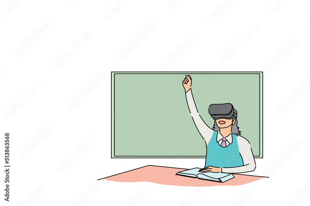 female student learning subject with VR device. Flat vector illustration design