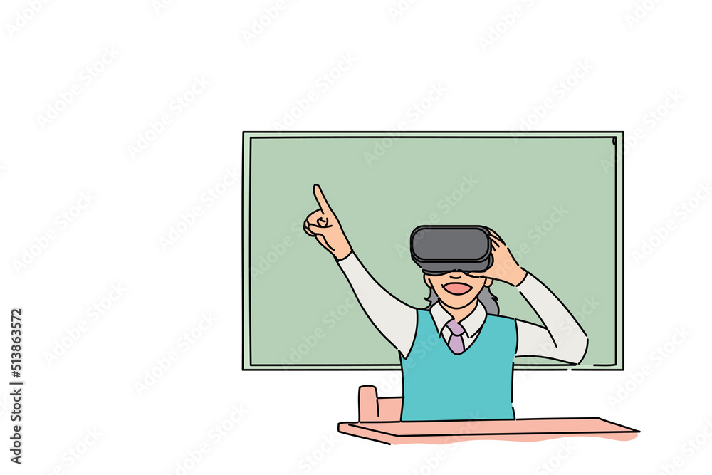 Happy female student learning in VR simulator. Flat vector illustration design