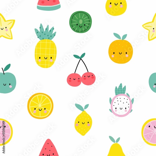 Cute cartoon summer fruit - vector seamless pattern. Cute pineapple, watermelon,  cherry, pear, apple, carambola, Strawberry, kiwi