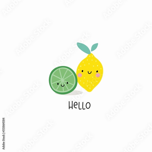 Cute cartoon summer fruit - vector illustration. Cute character - lemon, lime