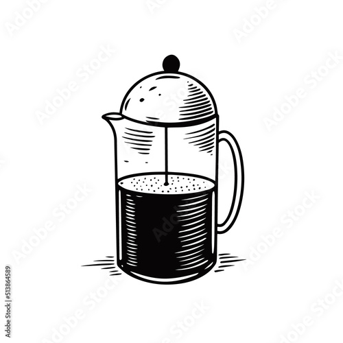 Hand drawn black color french press. Coffee maker. Doodle sketch style.