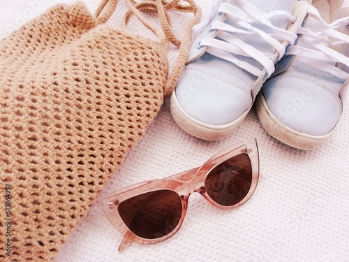 beach set: tote bag, sneakers, sunglasses, towel